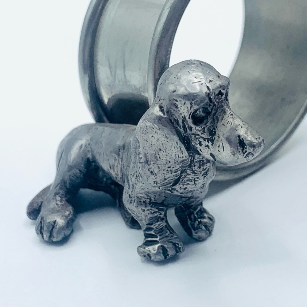 Vintage Pewter Dachshund Figural Napkin Rings Set of 2 Heavy Dog Decor 70's - Picture 3 of 15